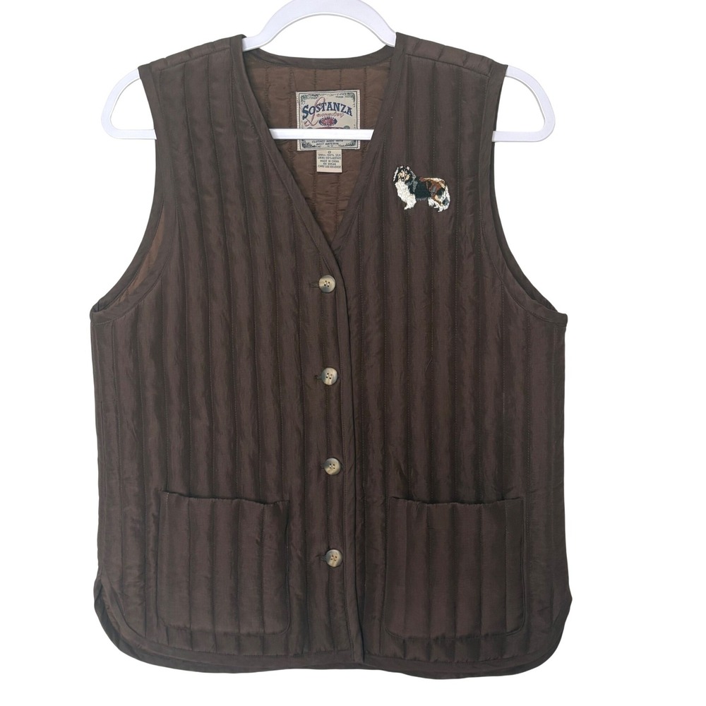 Vtg Sostanza Silk Quilted Vest Small Brown Collie Dog Embroidered Grandpacore